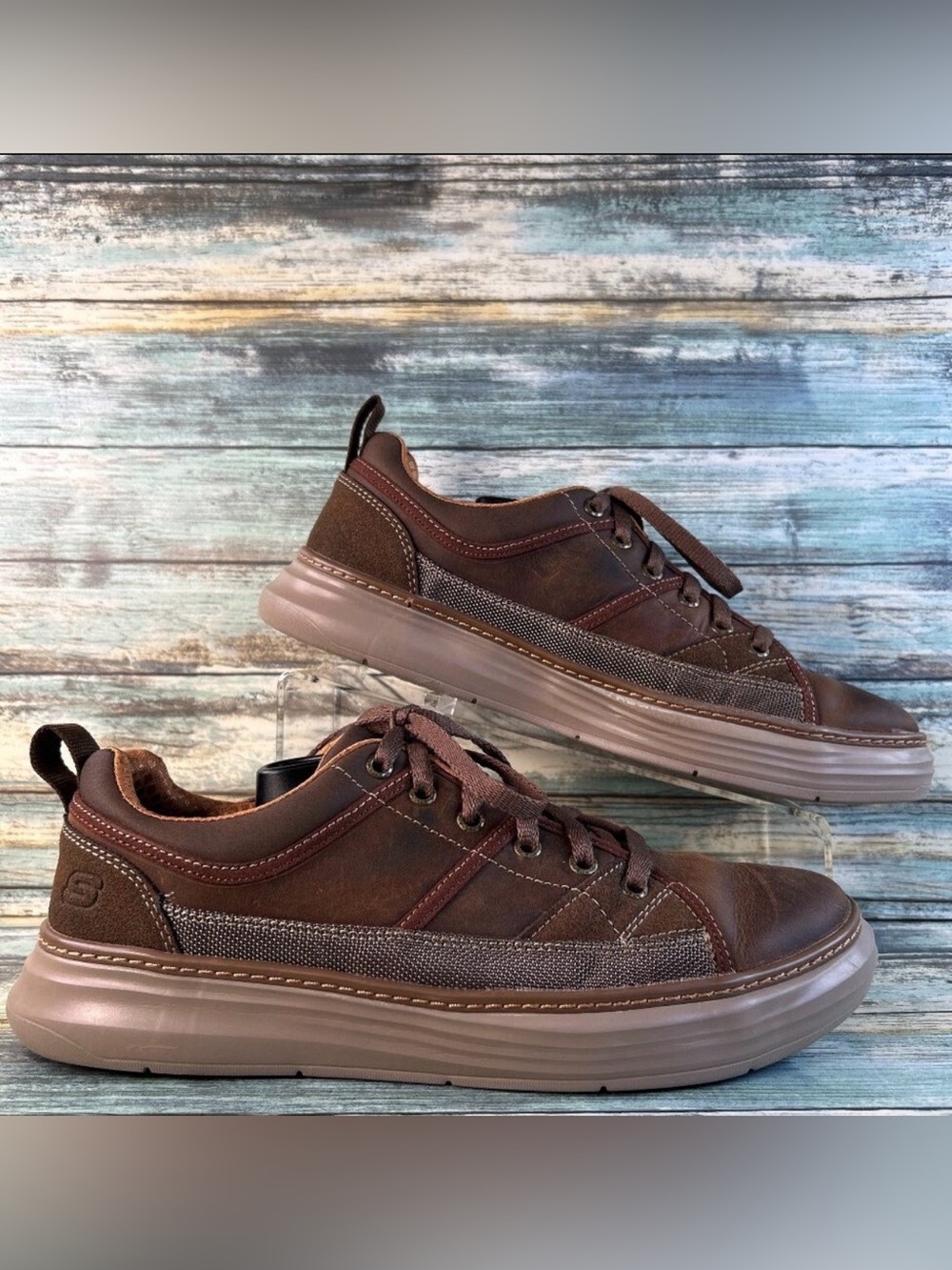 Skechers Shoe Mens 9.5 Brown Leather Lace Up Comfort Sneaker Oxford Classic Fit